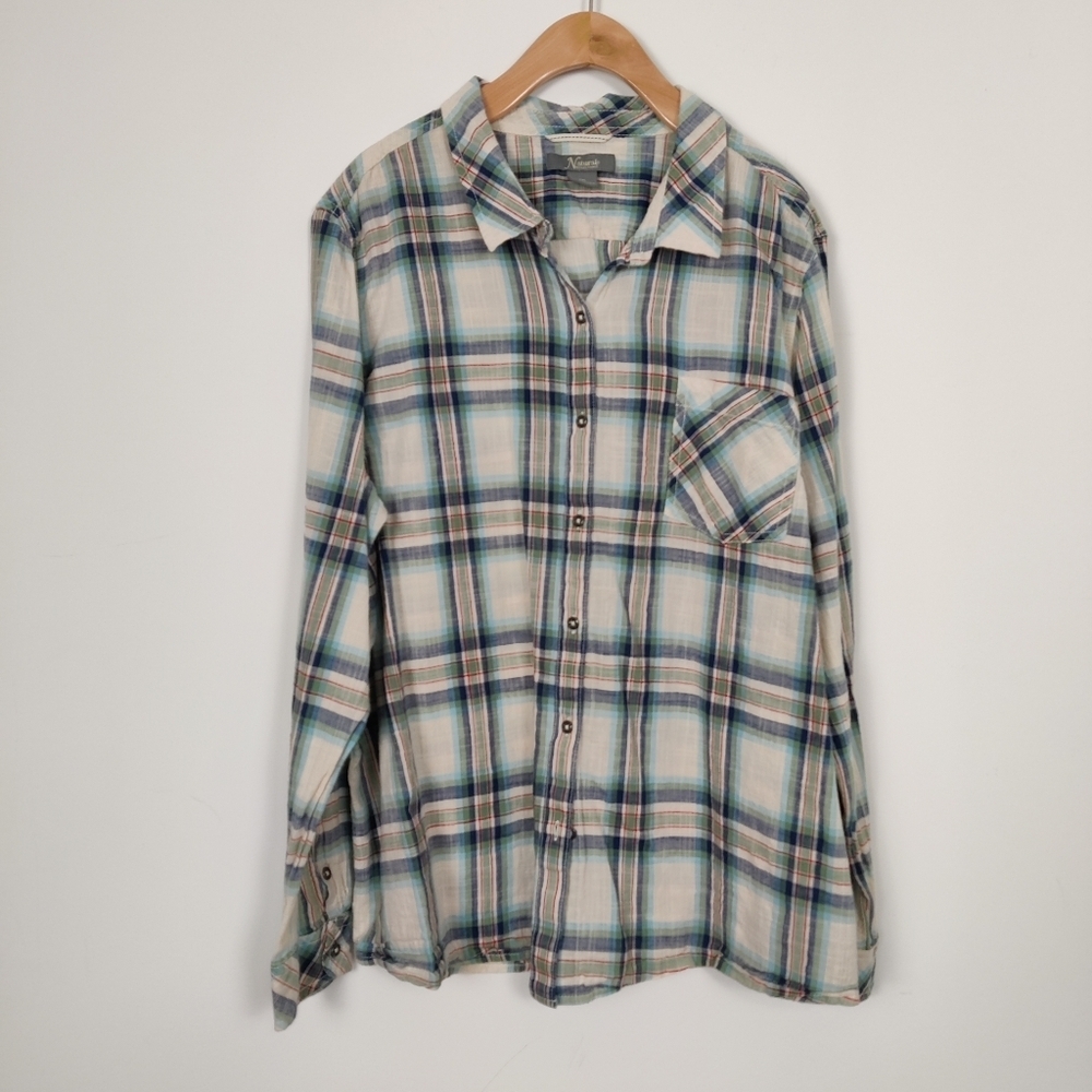 Natural Reflections Men's Plaid Button Down Shirt in Cream Blue 100% Cotton Fall